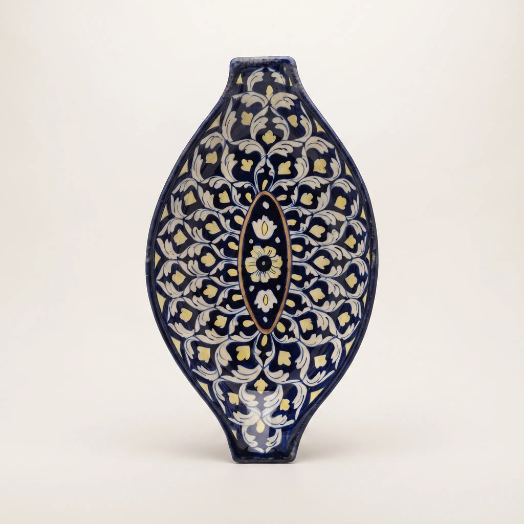 Blue Pottery Serving Dish – 16" Ceramic Rice Platter (Radiating Floral Medallion Design)