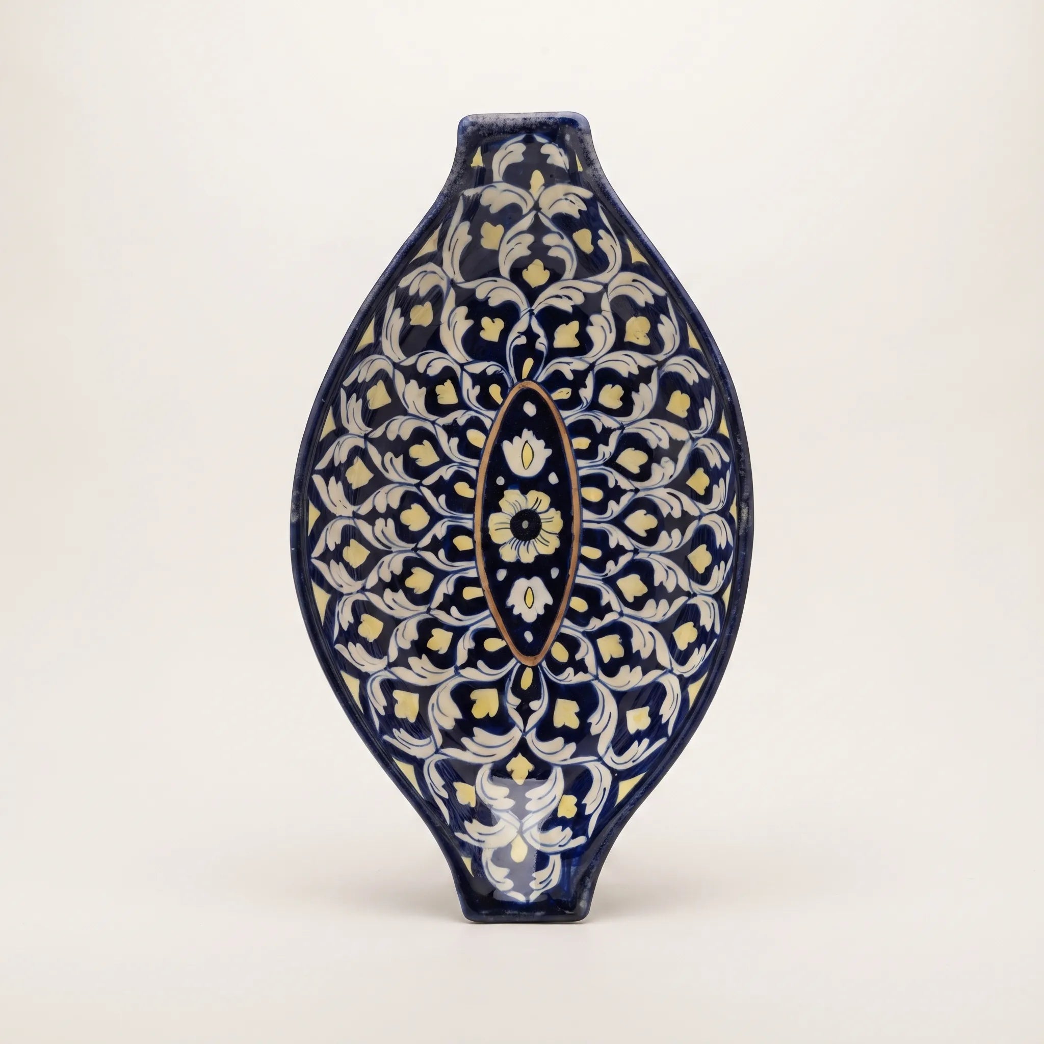Blue Pottery Serving Dish – 16" Ceramic Rice Platter (Radiating Floral Medallion Design)