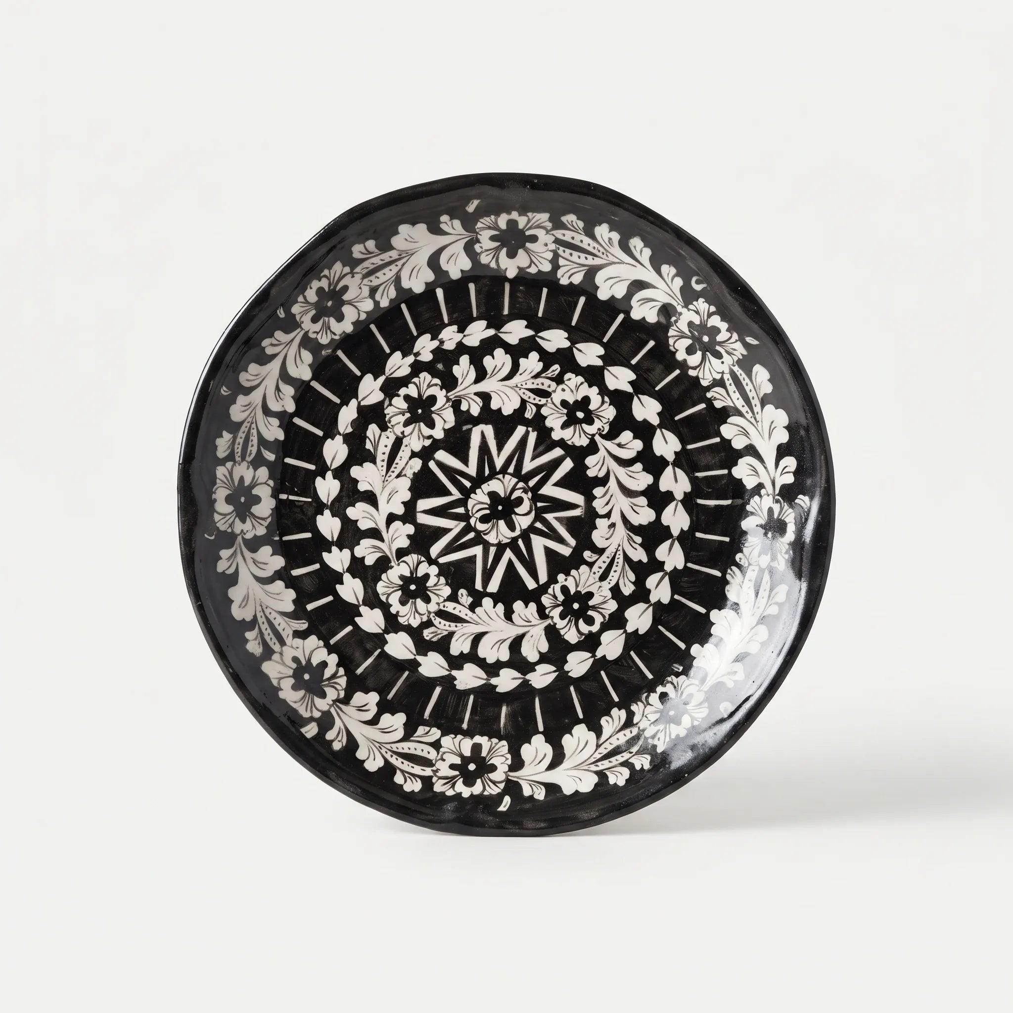 Multani Pottery Large Round Serving Platter - Black & White Floral Mandala, 15 Inch