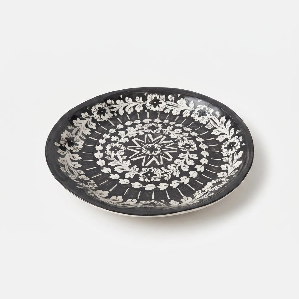 Multani Pottery Large Round Serving Platter - Black & White Floral Mandala, 15 Inch