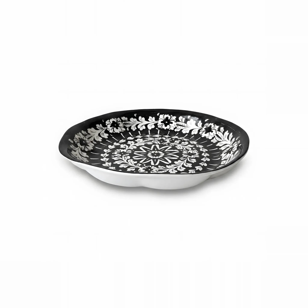 Multani Pottery Large Round Serving Platter - Black & White Floral Mandala, 15 Inch