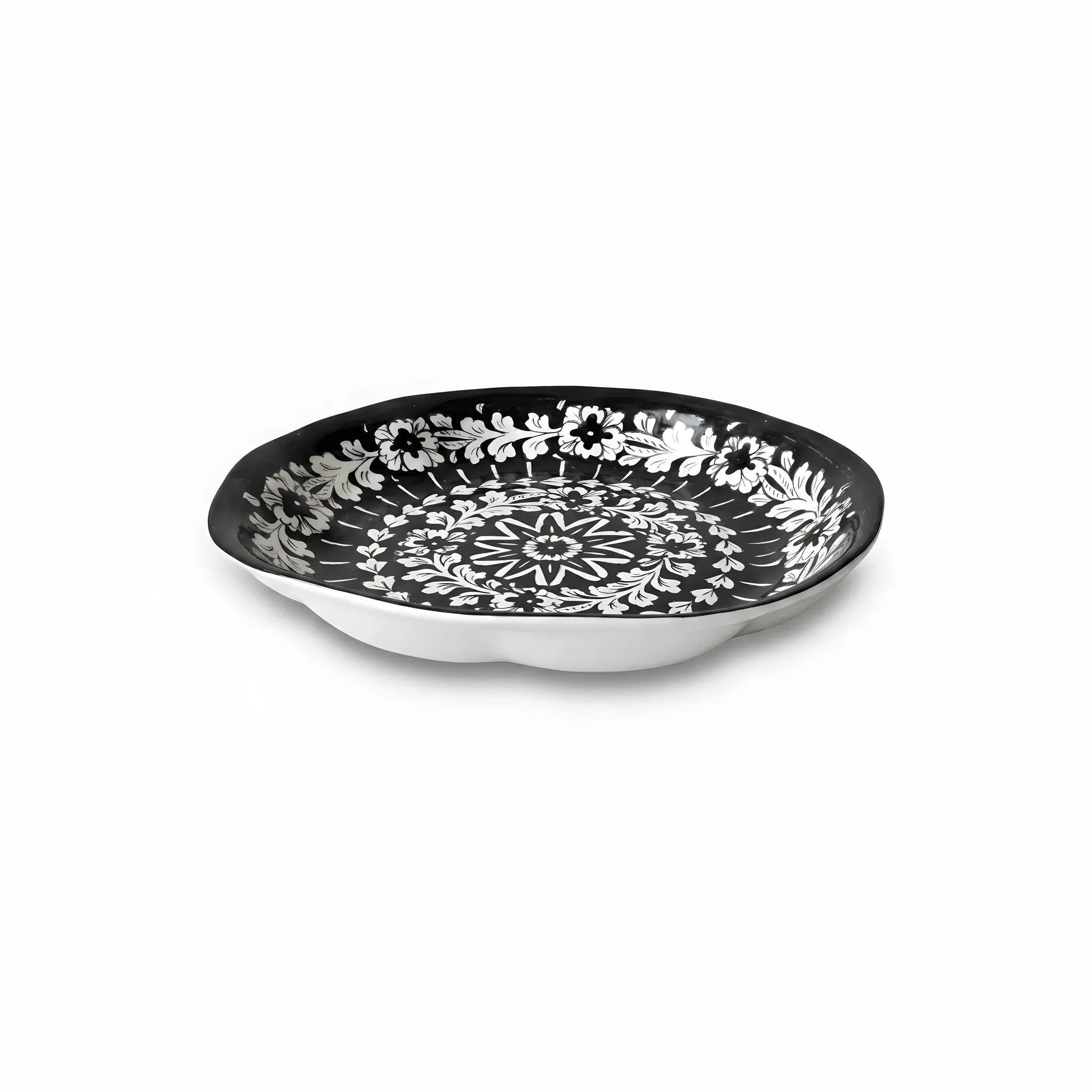 Multani Pottery Large Round Serving Platter - Black & White Floral Mandala, 15 Inch