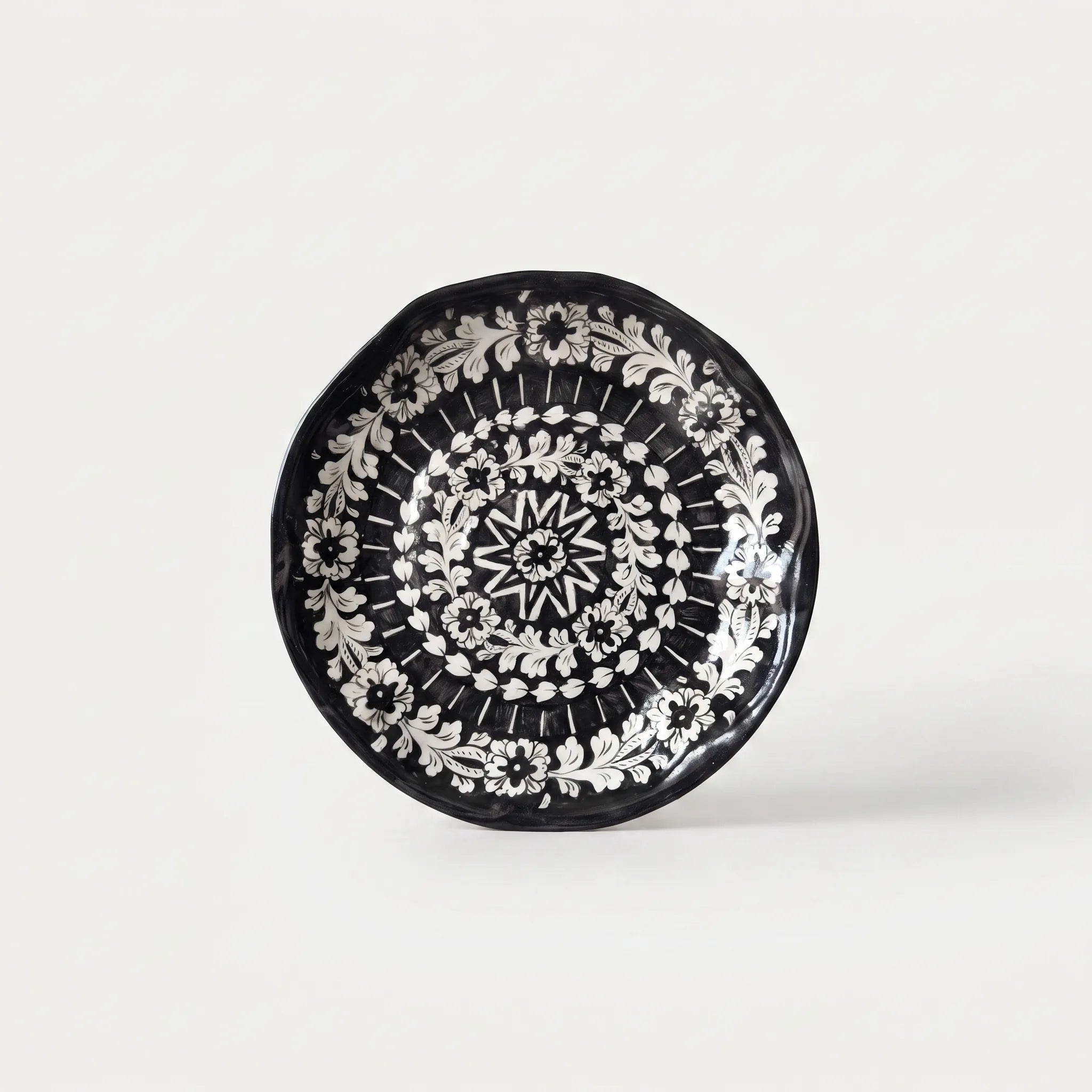 Multani Pottery Large Round Serving Platter - Black & White Floral Mandala, 15 Inch