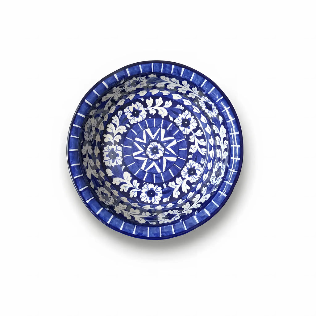 Large Blue Pottery Serving Bowl – 13" Ceramic Rice & Curry Bowl (Star Medallion Design)