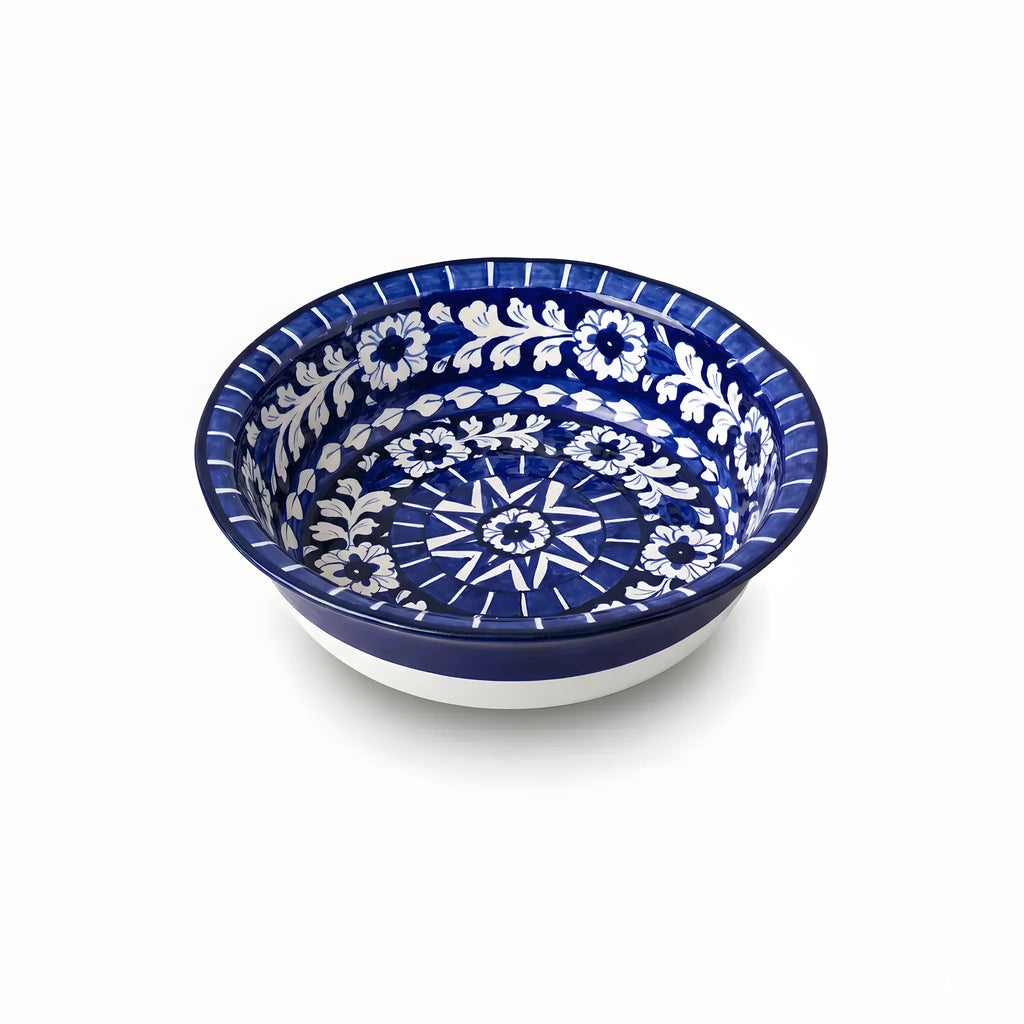Large Blue Pottery Serving Bowl – 13" Ceramic Rice & Curry Bowl (Star Medallion Design)