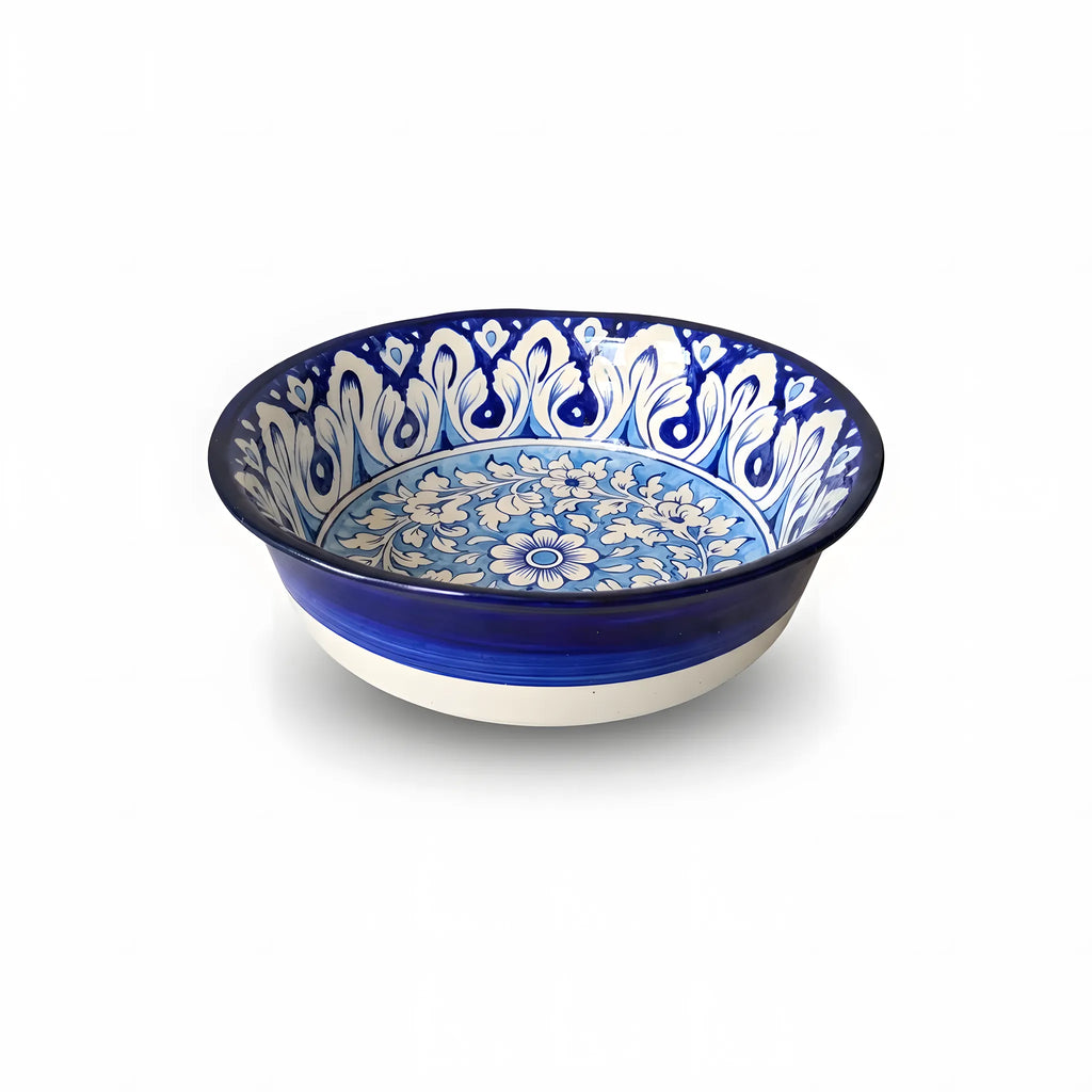 Large Blue Pottery Serving Bowl – 13" Ceramic Rice & Curry Bowl (Paisley Swirl Design)