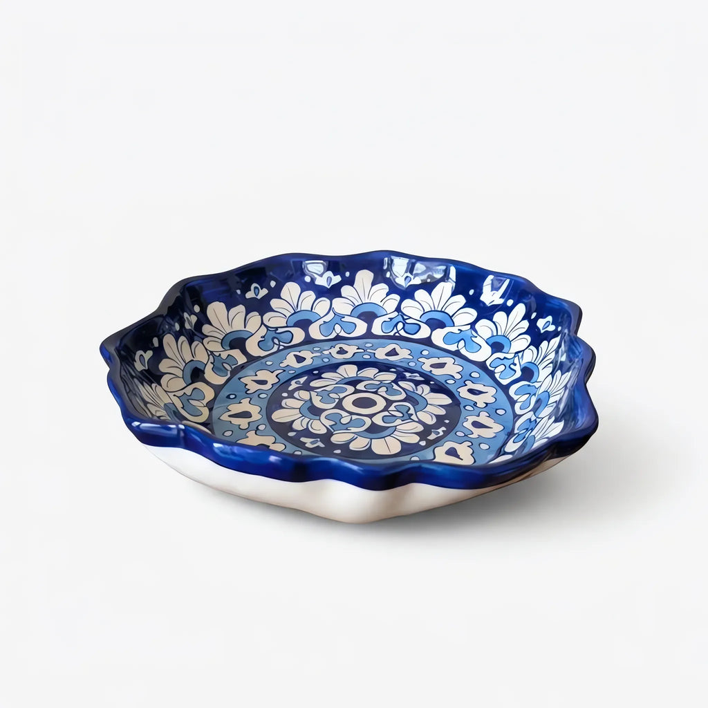 Blue Pottery Serving Plate - 9 Inch Scalloped Hand-Painted Ceramic Serving Dish (Cobalt Mandala)