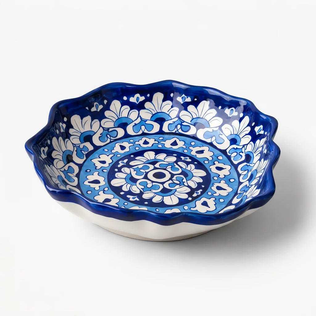 Blue Pottery Serving Plate - 9 Inch Scalloped Hand-Painted Ceramic Serving Dish (Cobalt Mandala)