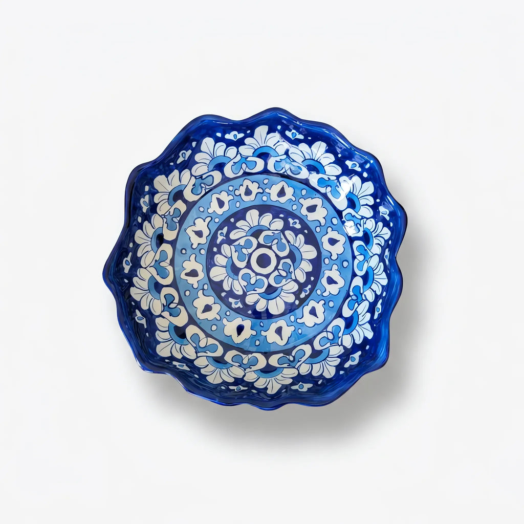 Blue Pottery Serving Plate - 9 Inch Scalloped Hand-Painted Ceramic Serving Dish (Cobalt Mandala)