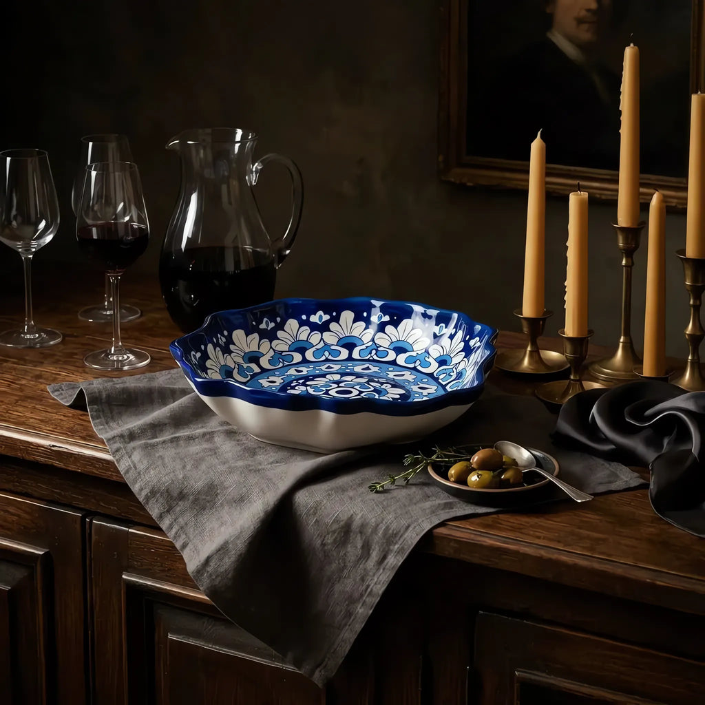 Blue Pottery Serving Plate - 9 Inch Scalloped Hand-Painted Ceramic Serving Dish (Cobalt Mandala)