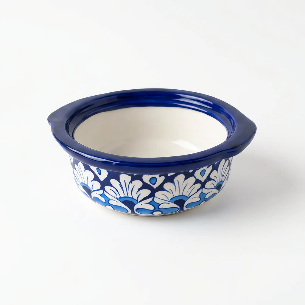 Blue Pottery Serving Bowl - 7 Inch Hand-Painted Ceramic Serving Pot with Rolled Cobalt Rim