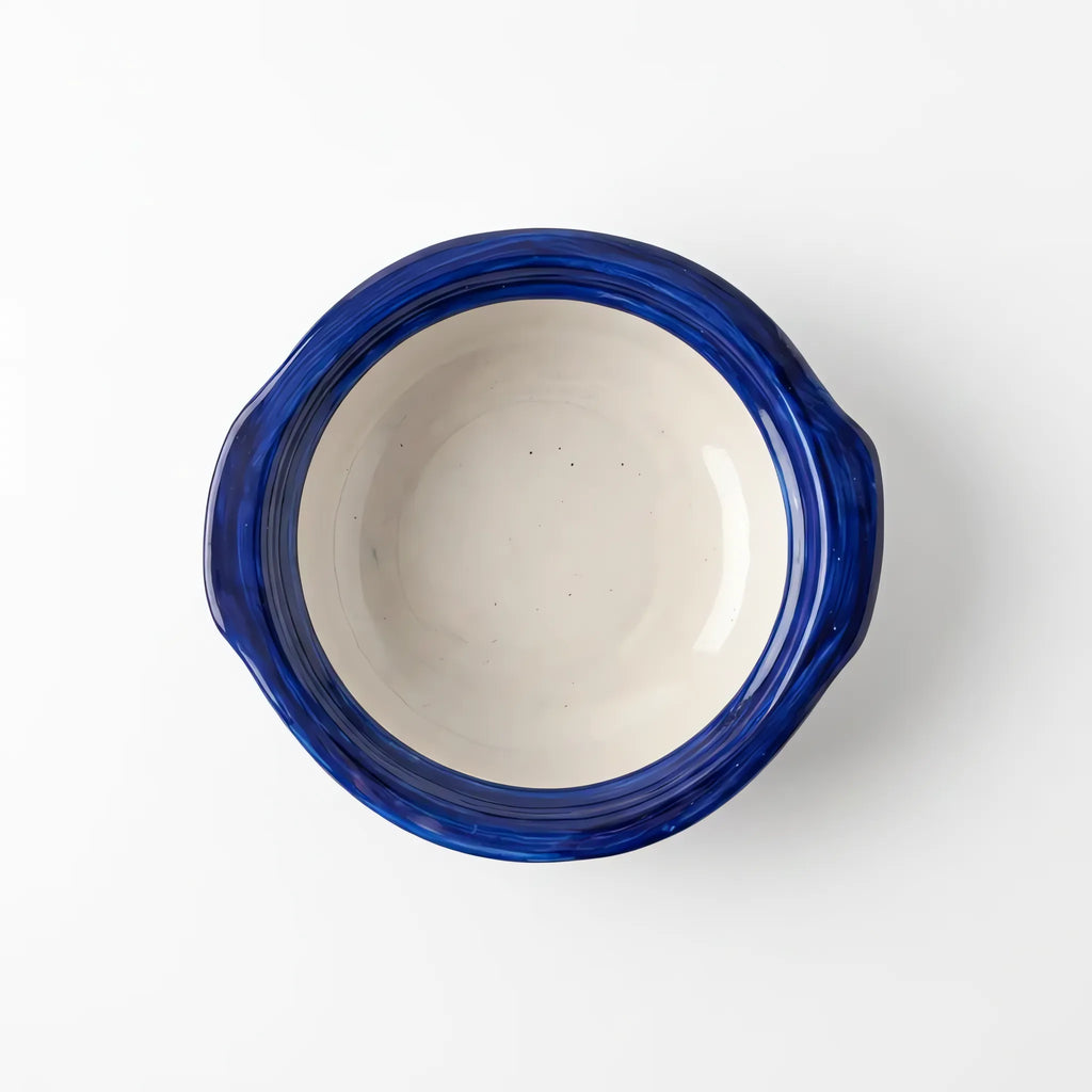 Blue Pottery Serving Bowl - 7 Inch Hand-Painted Ceramic Serving Pot with Rolled Cobalt Rim