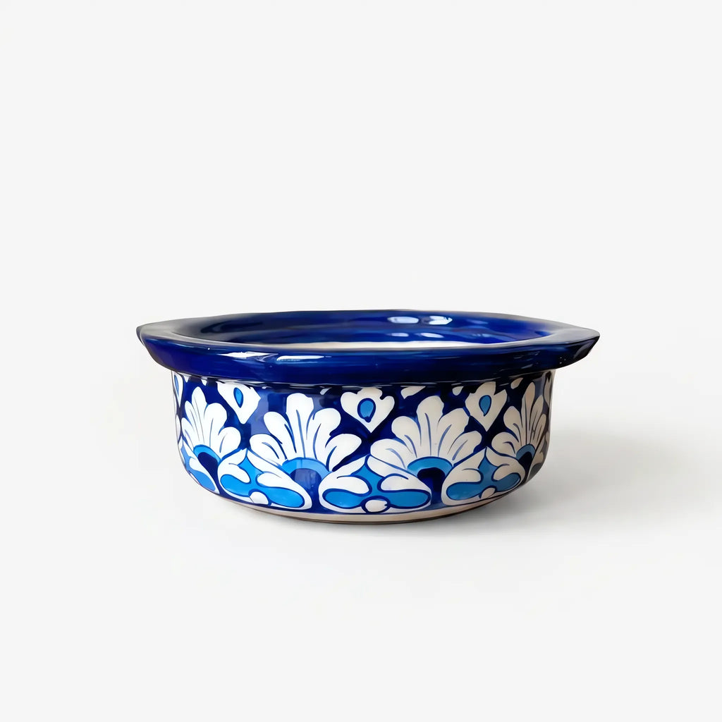 Blue Pottery Serving Bowl - 7 Inch Hand-Painted Ceramic Serving Pot with Rolled Cobalt Rim