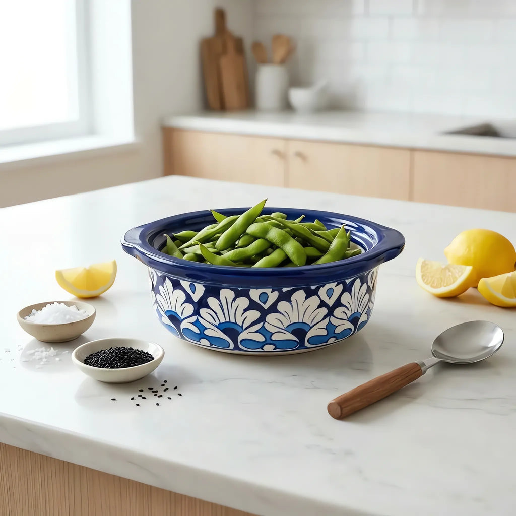 Blue Pottery Serving Bowl - 7 Inch Hand-Painted Ceramic Serving Pot with Rolled Cobalt Rim