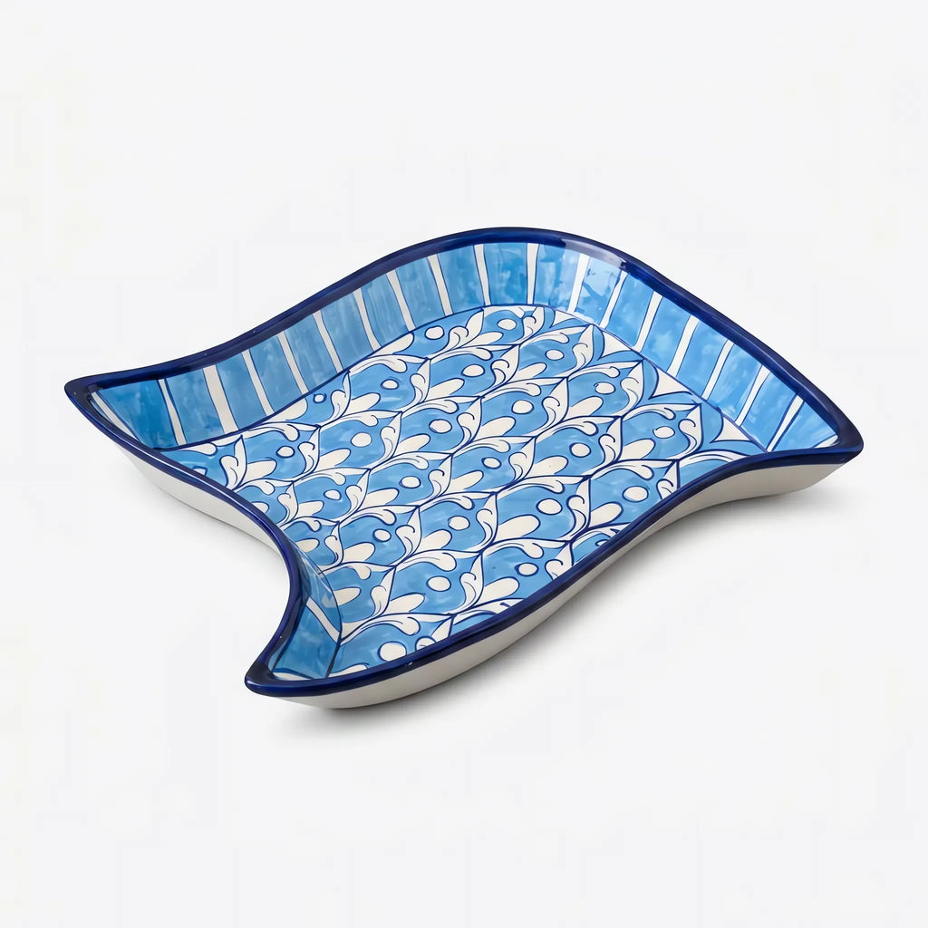 Multani Blue Pottery Star Serving Dish - Hand-Painted Ceramic Platter (10 Inch, Sky Blue Leaf Variant)