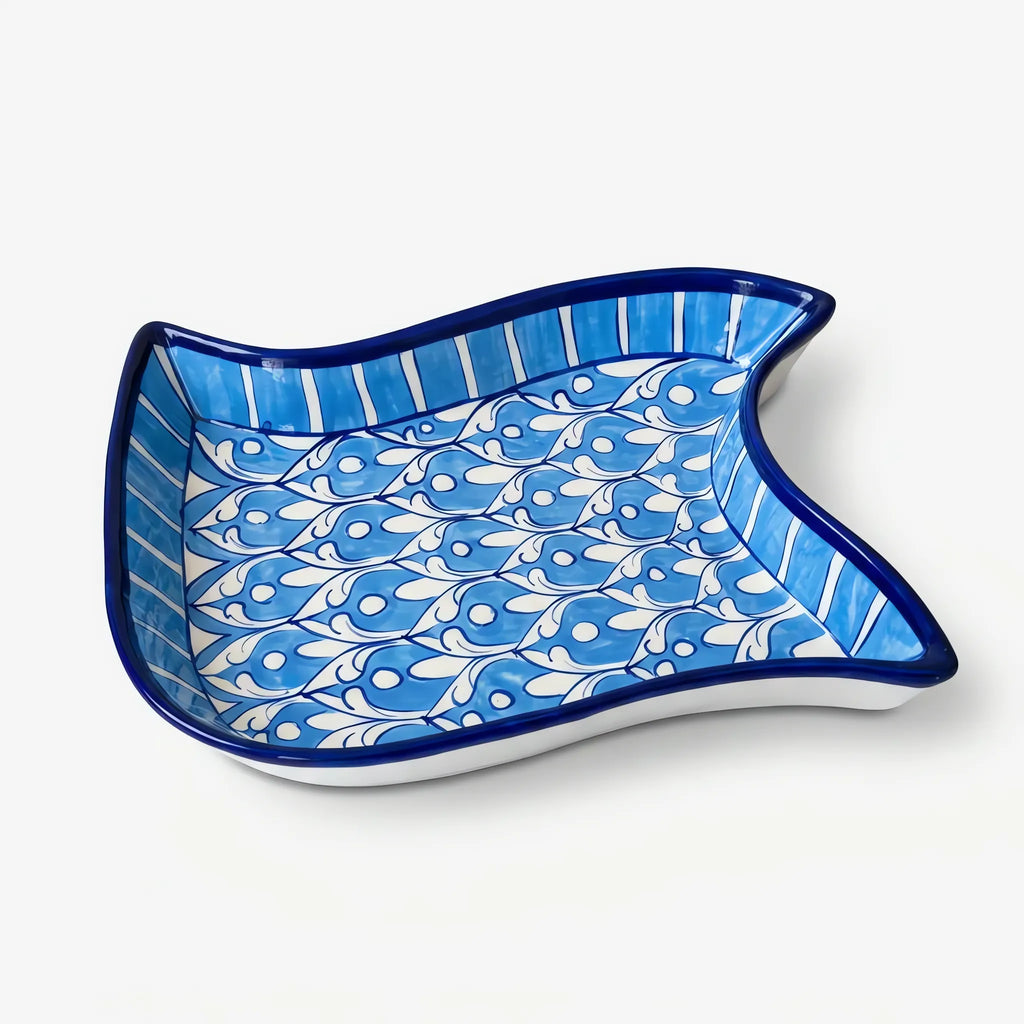 Multani Blue Pottery Star Serving Dish - Hand-Painted Ceramic Platter (10 Inch, Sky Blue Leaf Variant)