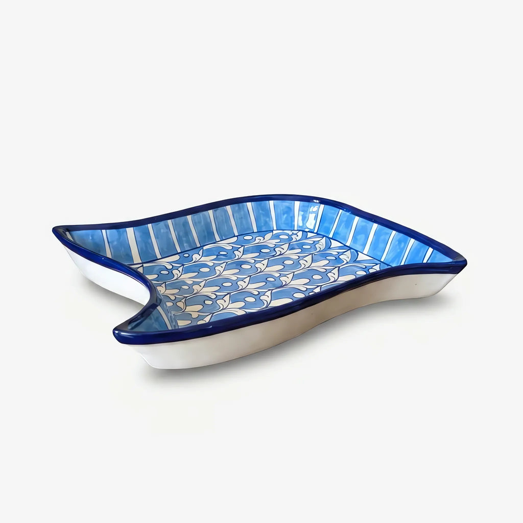 Multani Blue Pottery Star Serving Dish - Hand-Painted Ceramic Platter (10 Inch, Sky Blue Leaf Variant)