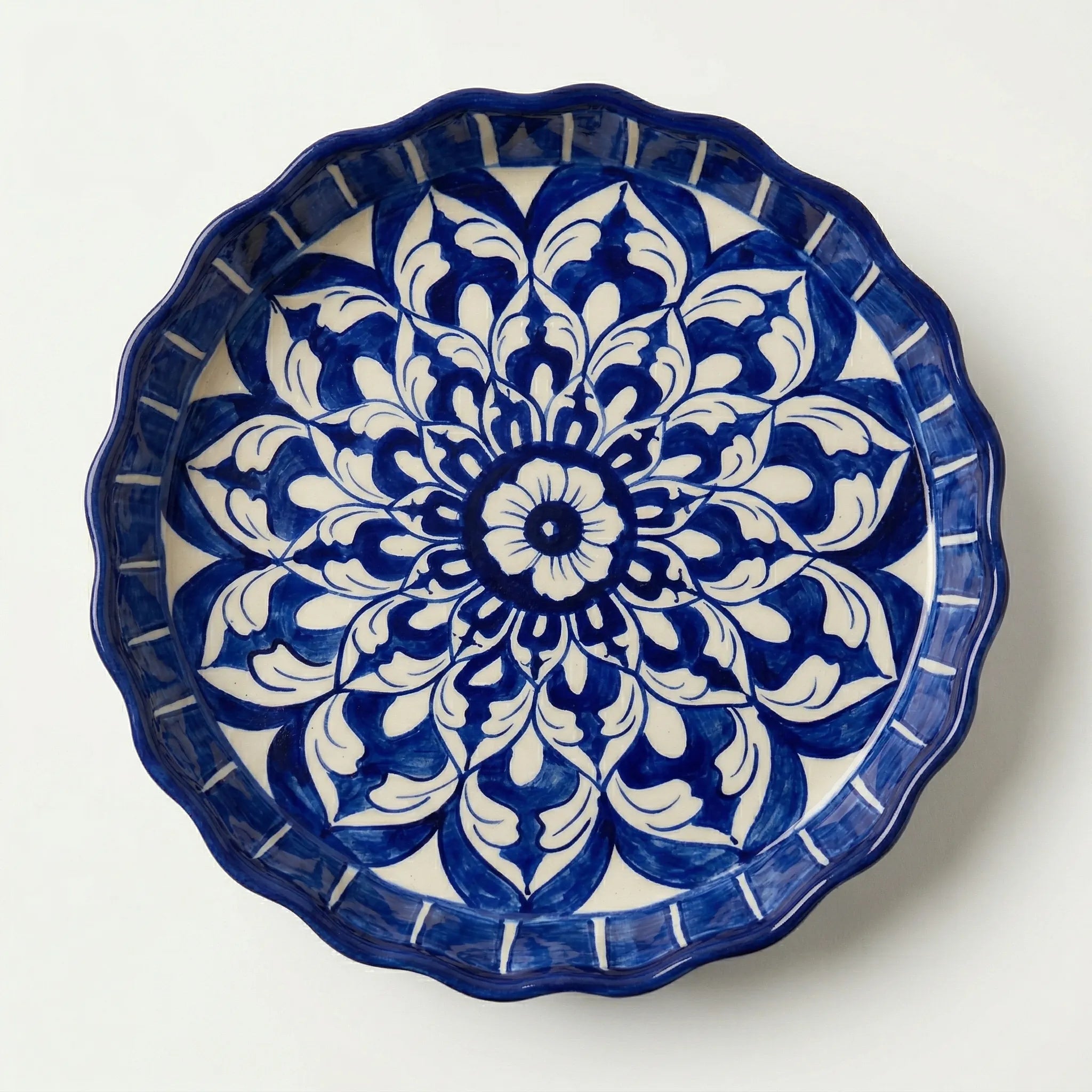 Multani Blue Pottery Apple Pie Dish – Handcrafted 10 Inch Ceramic Serving & Wall Dish with Symmetrical Floral Design (2 Inch Deep)