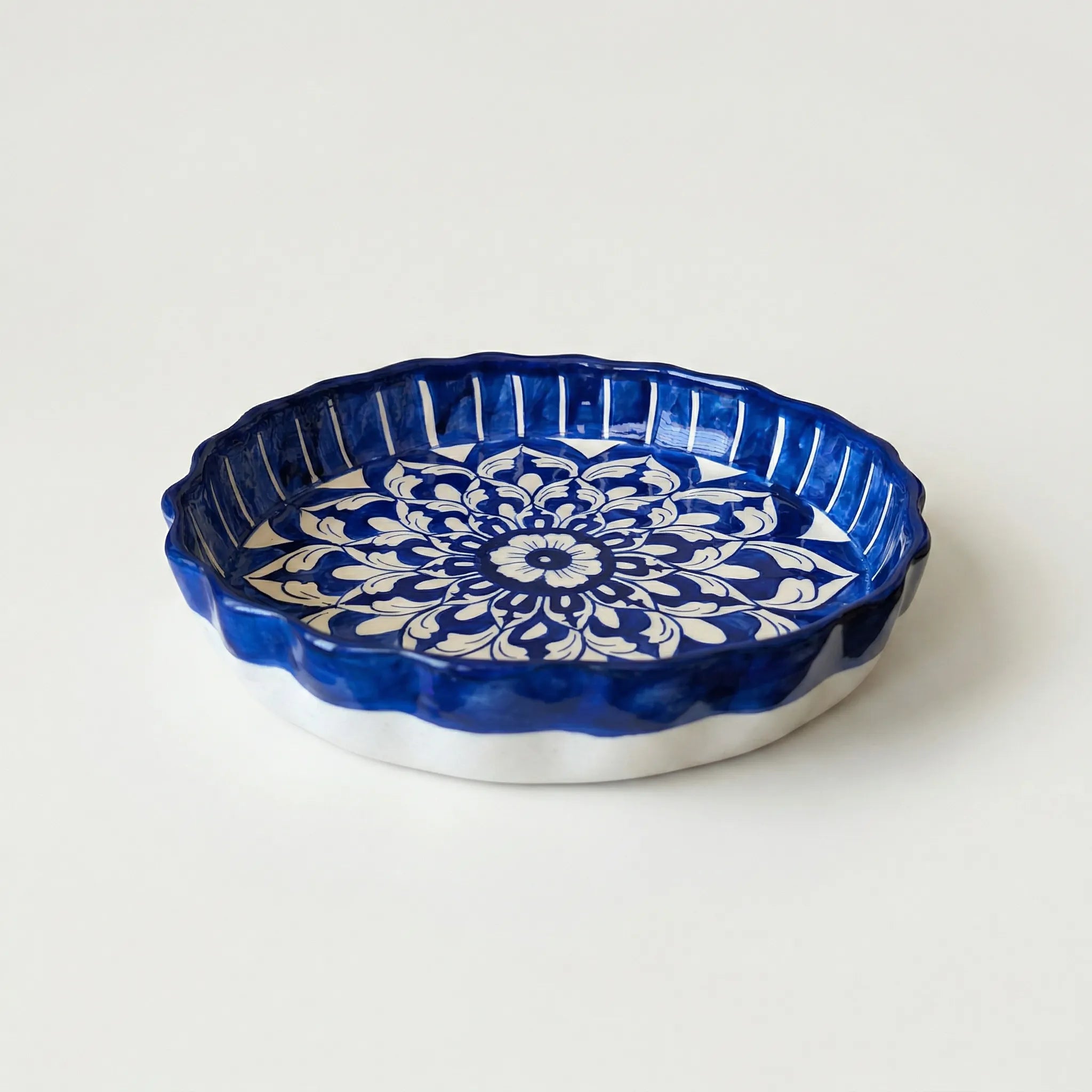 Multani Blue Pottery Apple Pie Dish – Handcrafted 10 Inch Ceramic Serving & Wall Dish with Symmetrical Floral Design (2 Inch Deep)