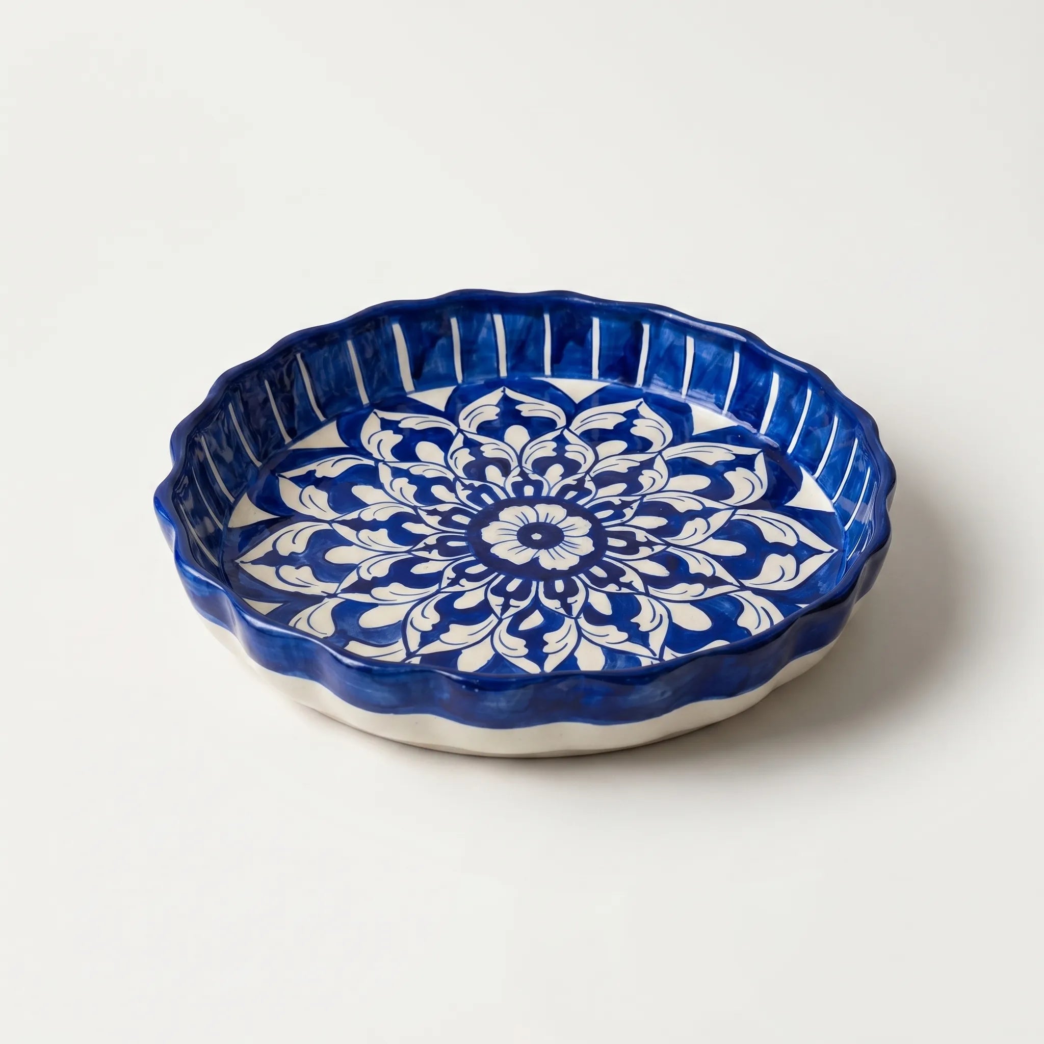 Multani Blue Pottery Apple Pie Dish – Handcrafted 10 Inch Ceramic Serving & Wall Dish with Symmetrical Floral Design (2 Inch Deep)