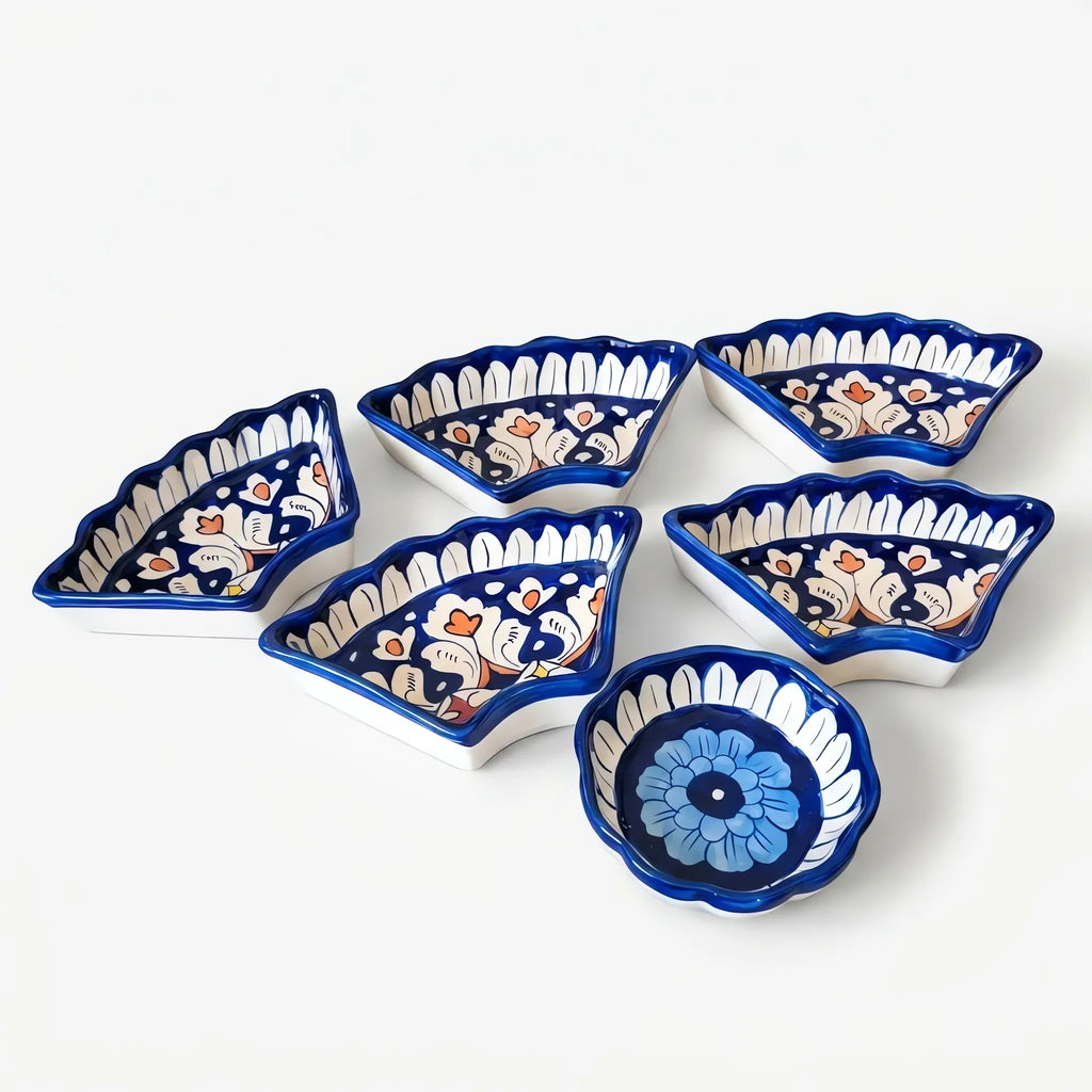 Blue Pottery Dry Fruit Serving Set - 12 Inch 6-Piece Hand-Painted Ceramic Set (Multicolor Floral)