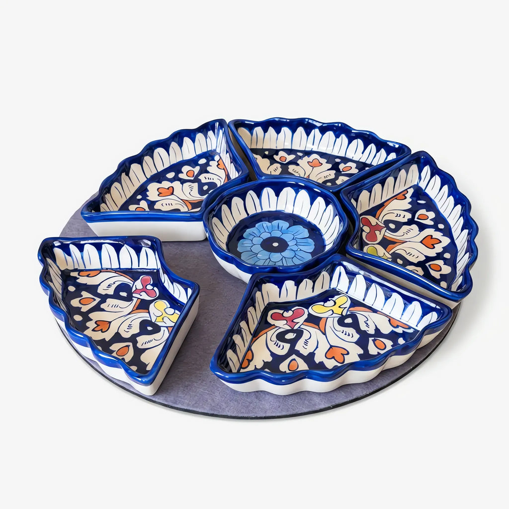 Blue Pottery Dry Fruit Serving Set - 12 Inch 6-Piece Hand-Painted Ceramic Set (Multicolor Floral)