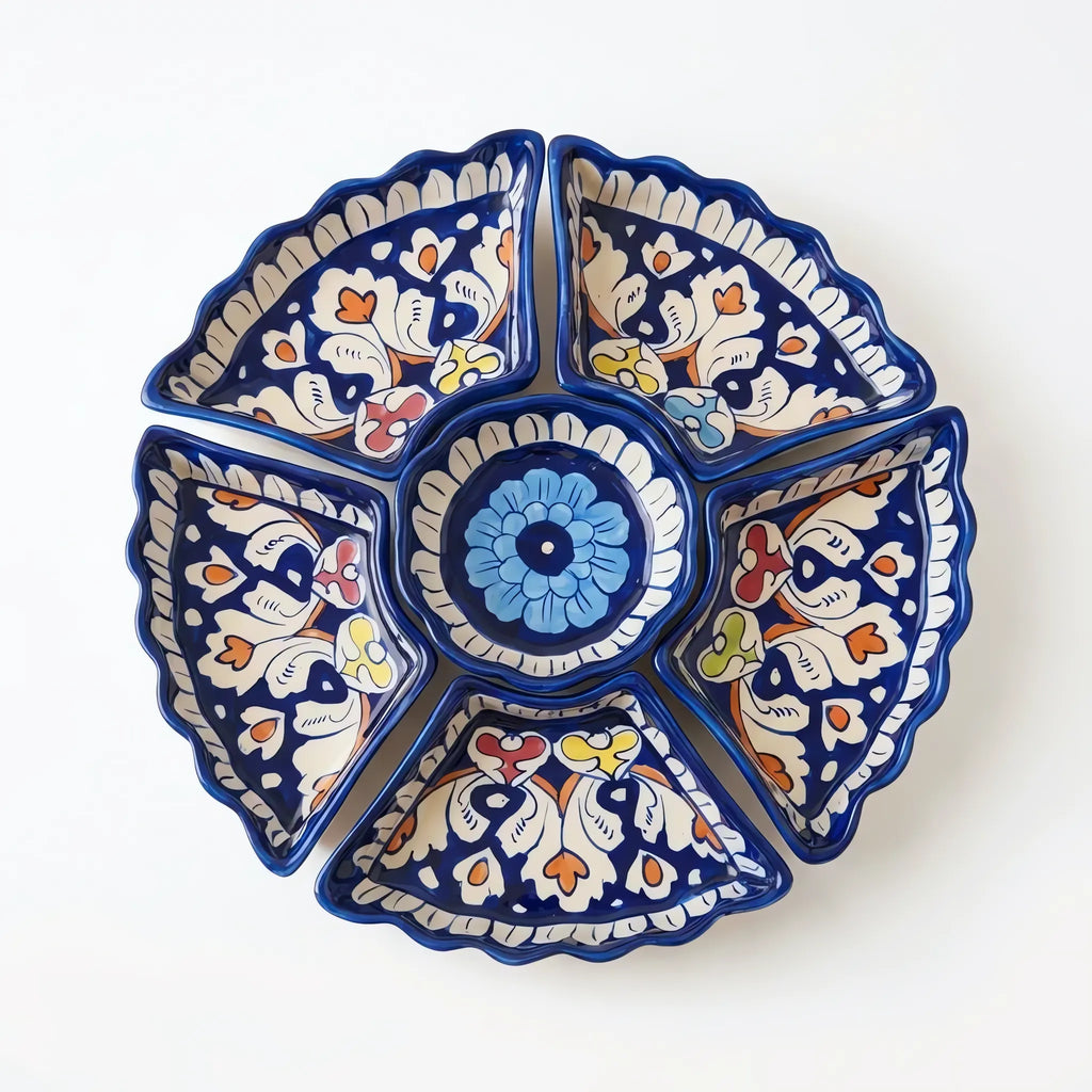 Blue Pottery Dry Fruit Serving Set - 12 Inch 6-Piece Hand-Painted Ceramic Set (Multicolor Floral)