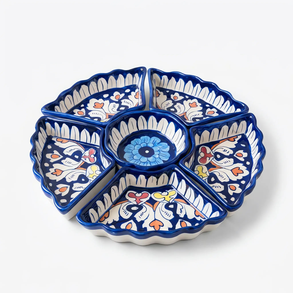 Blue Pottery Dry Fruit Serving Set - 12 Inch 6-Piece Hand-Painted Ceramic Set (Multicolor Floral)