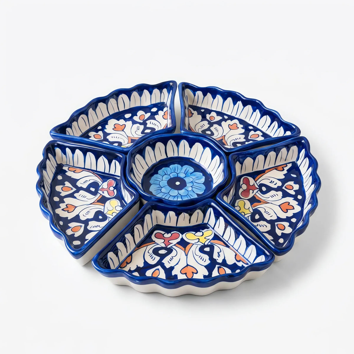 Blue Pottery Dry Fruit Serving Set - 12 Inch 6-Piece Hand-Painted Ceramic Set (Multicolor Floral)