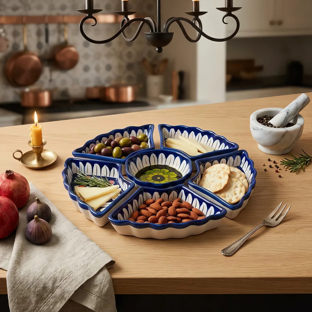 Blue Pottery Dry Fruit Serving Set - 12 Inch 6-Piece Hand-Painted Ceramic Set (Multicolor Floral)