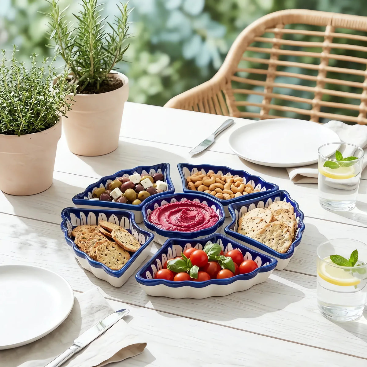 Blue Pottery Dry Fruit Serving Set - 12 Inch 6-Piece Hand-Painted Ceramic Set (Multicolor Floral)