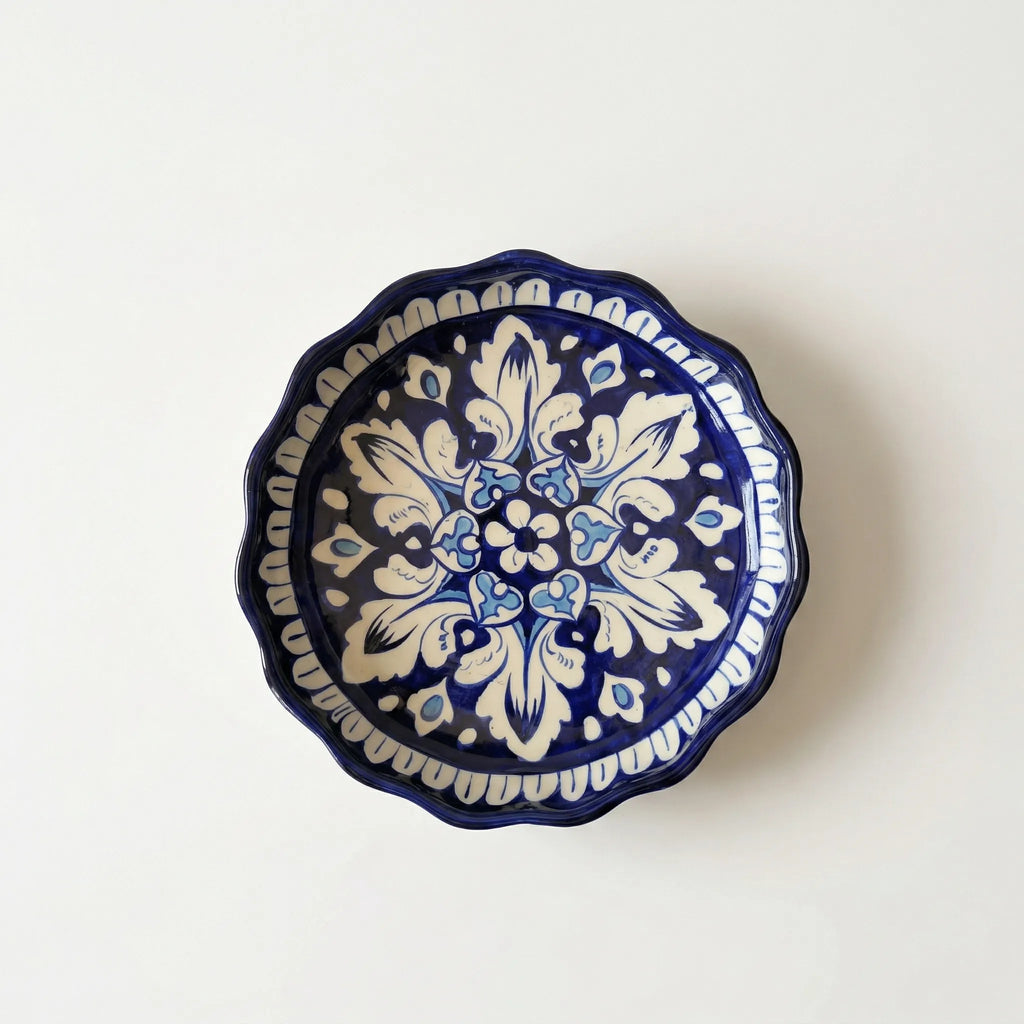 Multani Blue Pottery Apple Pie Dish – Handcrafted 9 Inch Ceramic Serving & Wall Dish with Symmetrical Floral Motif (2 Inch Deep)