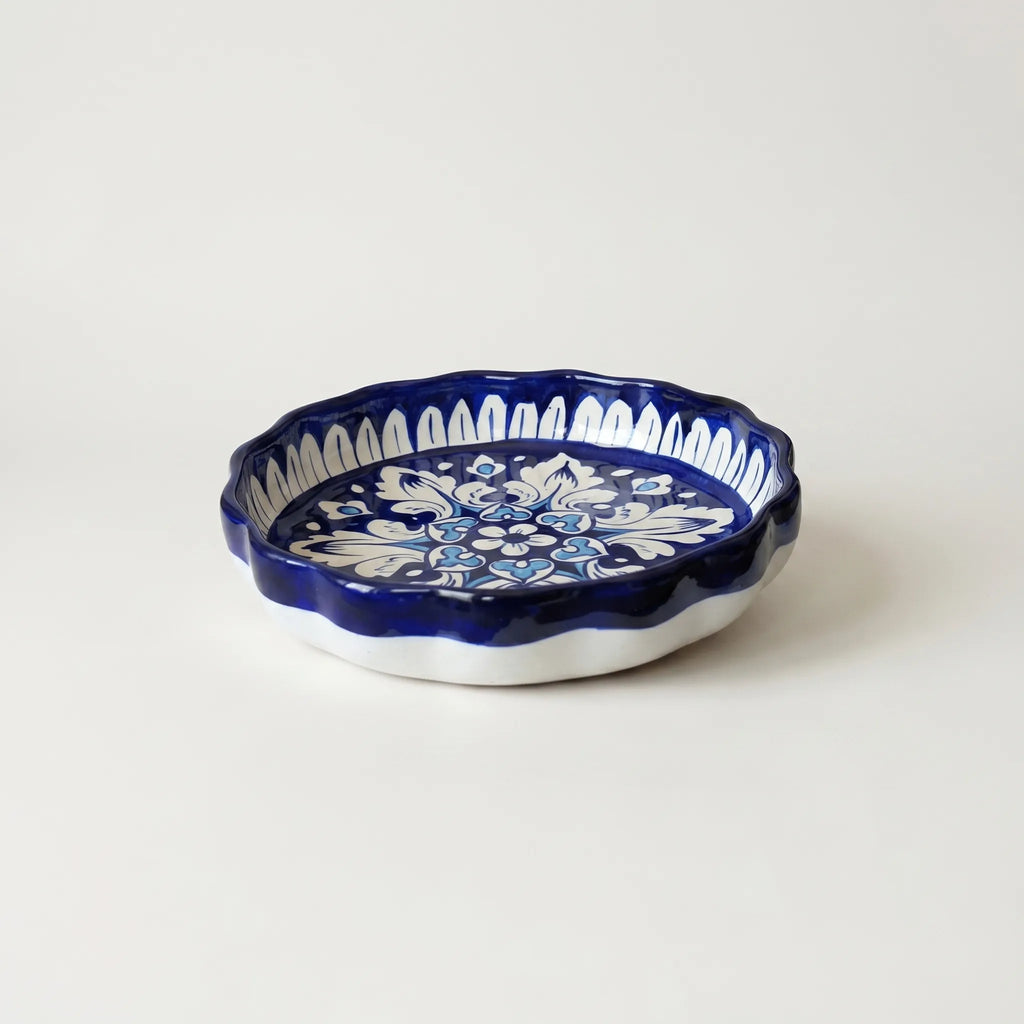 Multani Blue Pottery Apple Pie Dish – Handcrafted 9 Inch Ceramic Serving & Wall Dish with Symmetrical Floral Motif (2 Inch Deep)