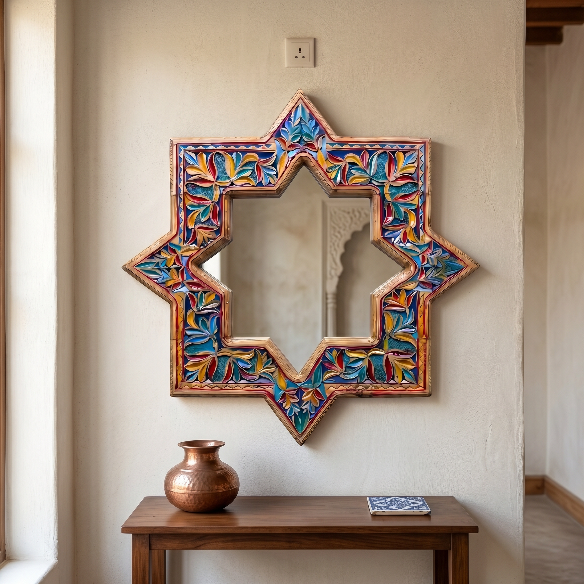 Colorful Swati Wooden Mirror Frame – 27” Hand-Carved Star Wall Frame