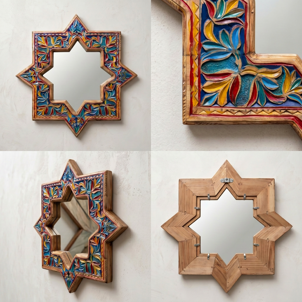 Colorful Swati Wooden Mirror Frame – 27” Hand-Carved Star Wall Frame