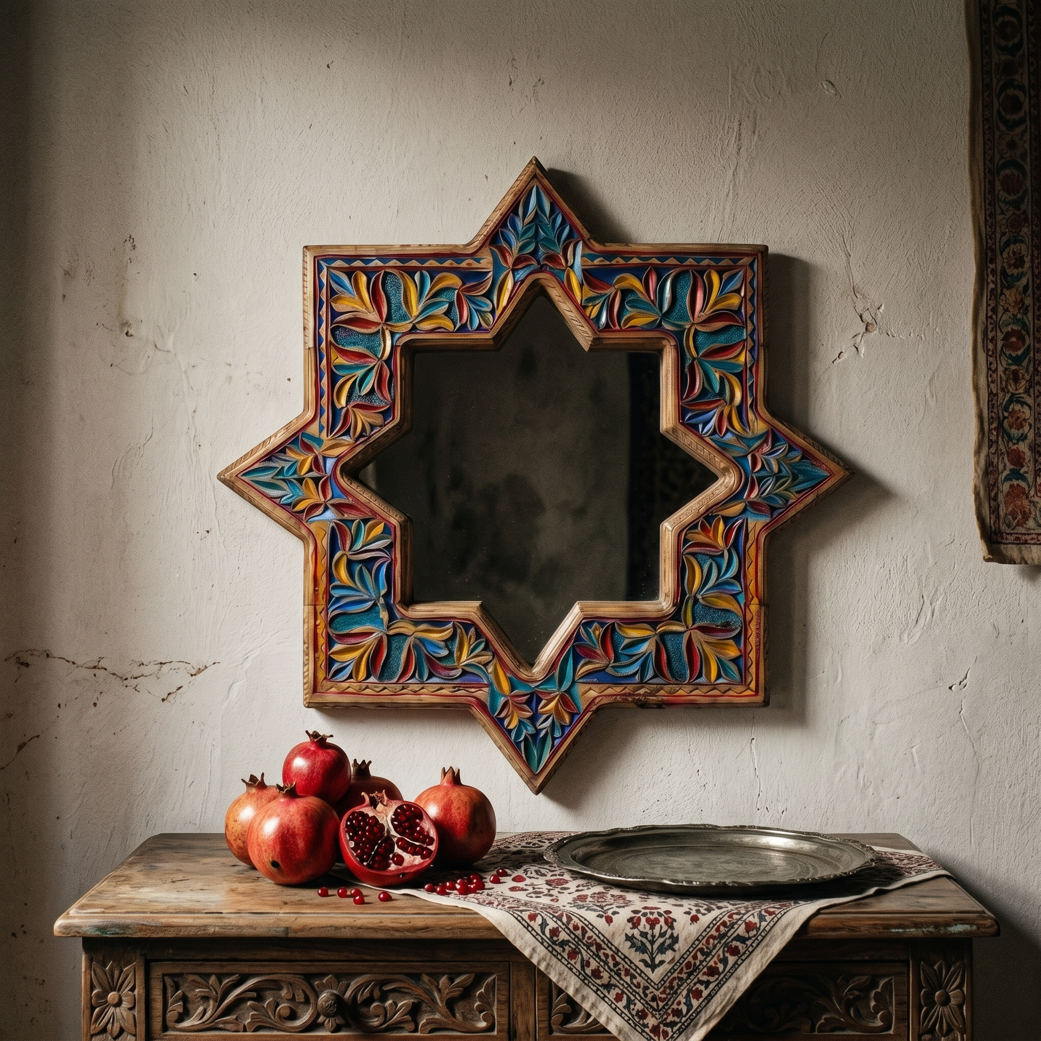 Colorful Swati Wooden Mirror Frame – 27” Hand-Carved Star Wall Frame