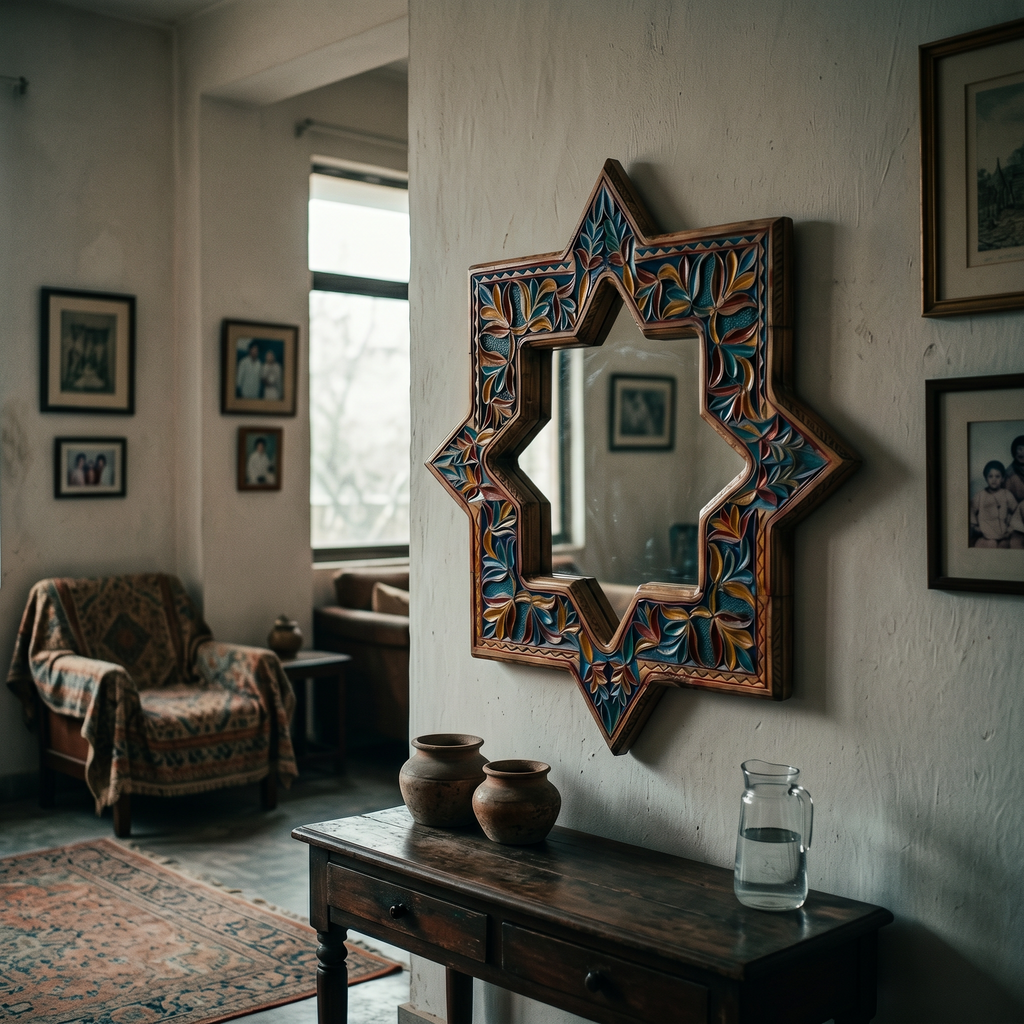 Colorful Swati Wooden Mirror Frame – 27” Hand-Carved Star Wall Frame