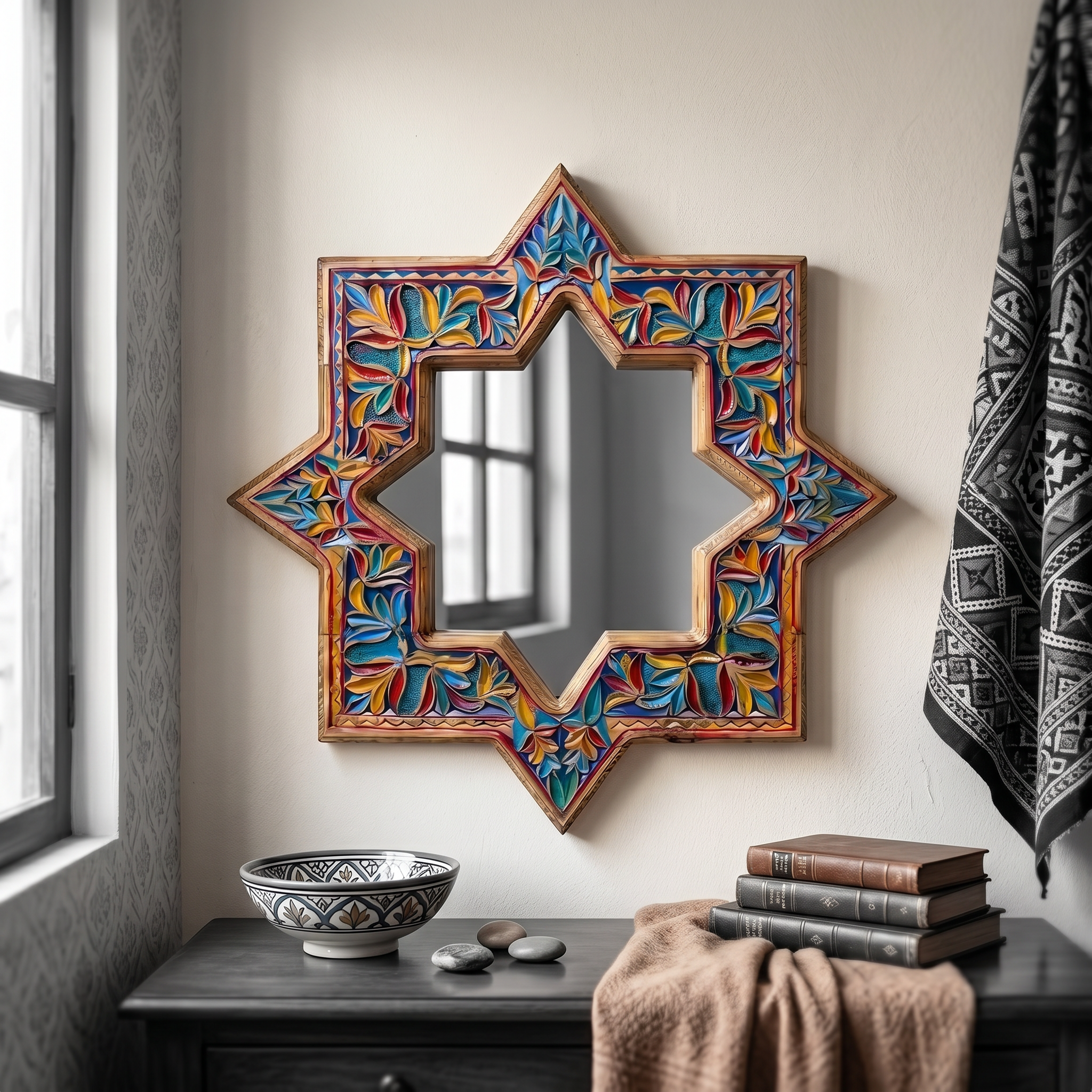 Colorful Swati Wooden Mirror Frame – 27” Hand-Carved Star Wall Frame