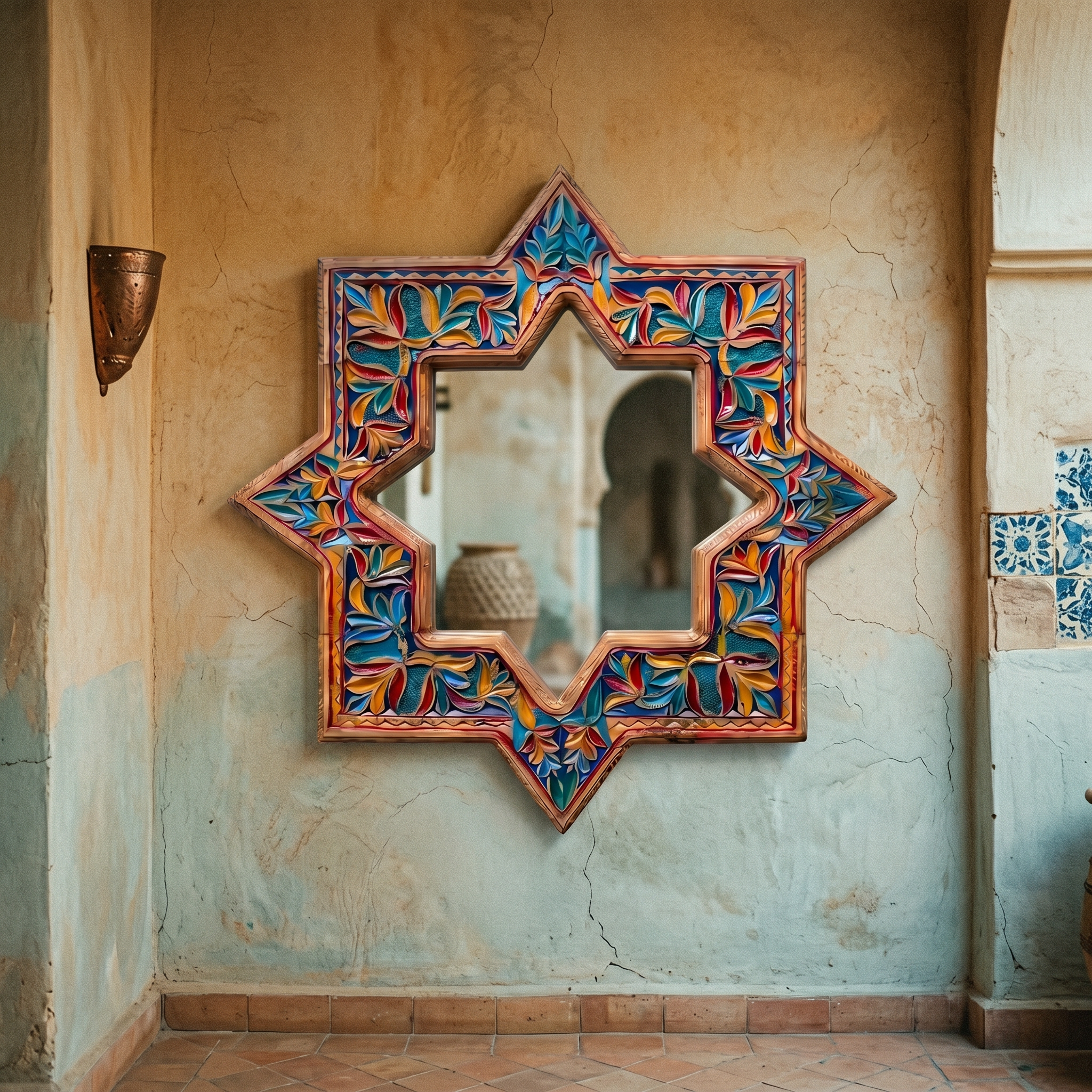 Colorful Swati Wooden Mirror Frame – 27” Hand-Carved Star Wall Frame