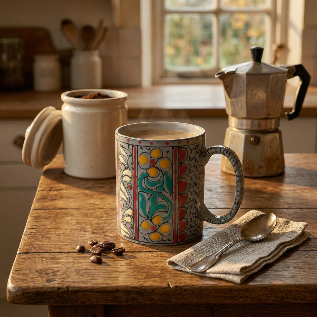Swati Art Hand-Painted Ceramic Mug – 300ml Traditional Floral Panel Design Tea & Coffee Mug