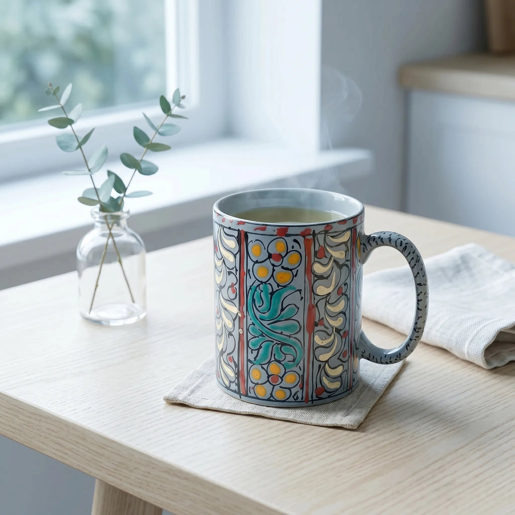 Swati Art Hand-Painted Ceramic Mug – 300ml Traditional Floral Panel Design Tea & Coffee Mug