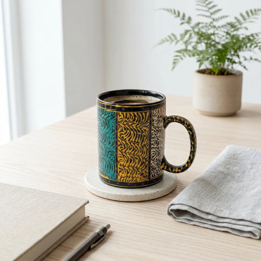 Swati Art Hand-Painted Ceramic Mug – 300ml Bold Panel Design Tea & Coffee Mug | Multicolor Finish