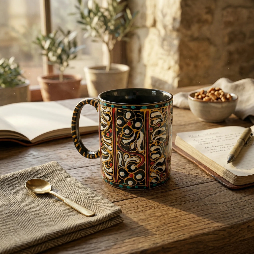 Swati Art Hand-Painted Ceramic Mug – 300ml Black & Gold Intricate Design Tea & Coffee Mug