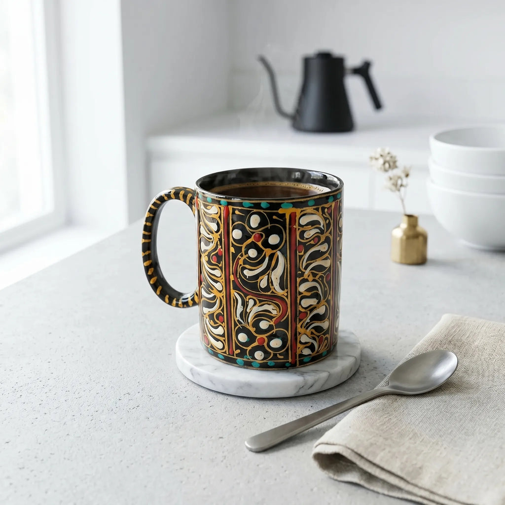 Swati Art Hand-Painted Ceramic Mug – 300ml Black & Gold Intricate Design Tea & Coffee Mug