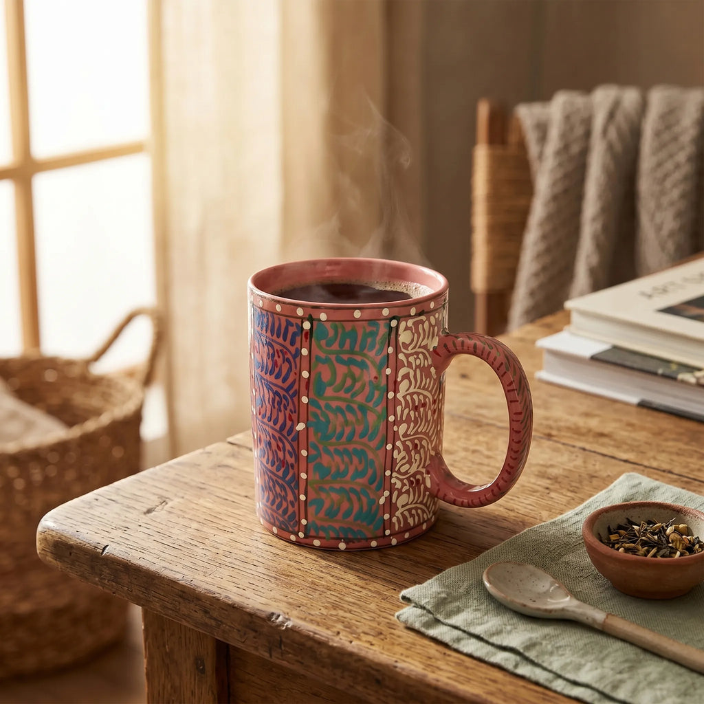 Swati Art Hand-Painted Ceramic Mug – 300ml Warm Terracotta Panel Design Tea & Coffee Mug