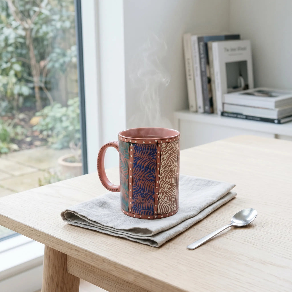 Swati Art Hand-Painted Ceramic Mug – 300ml Warm Terracotta Panel Design Tea & Coffee Mug