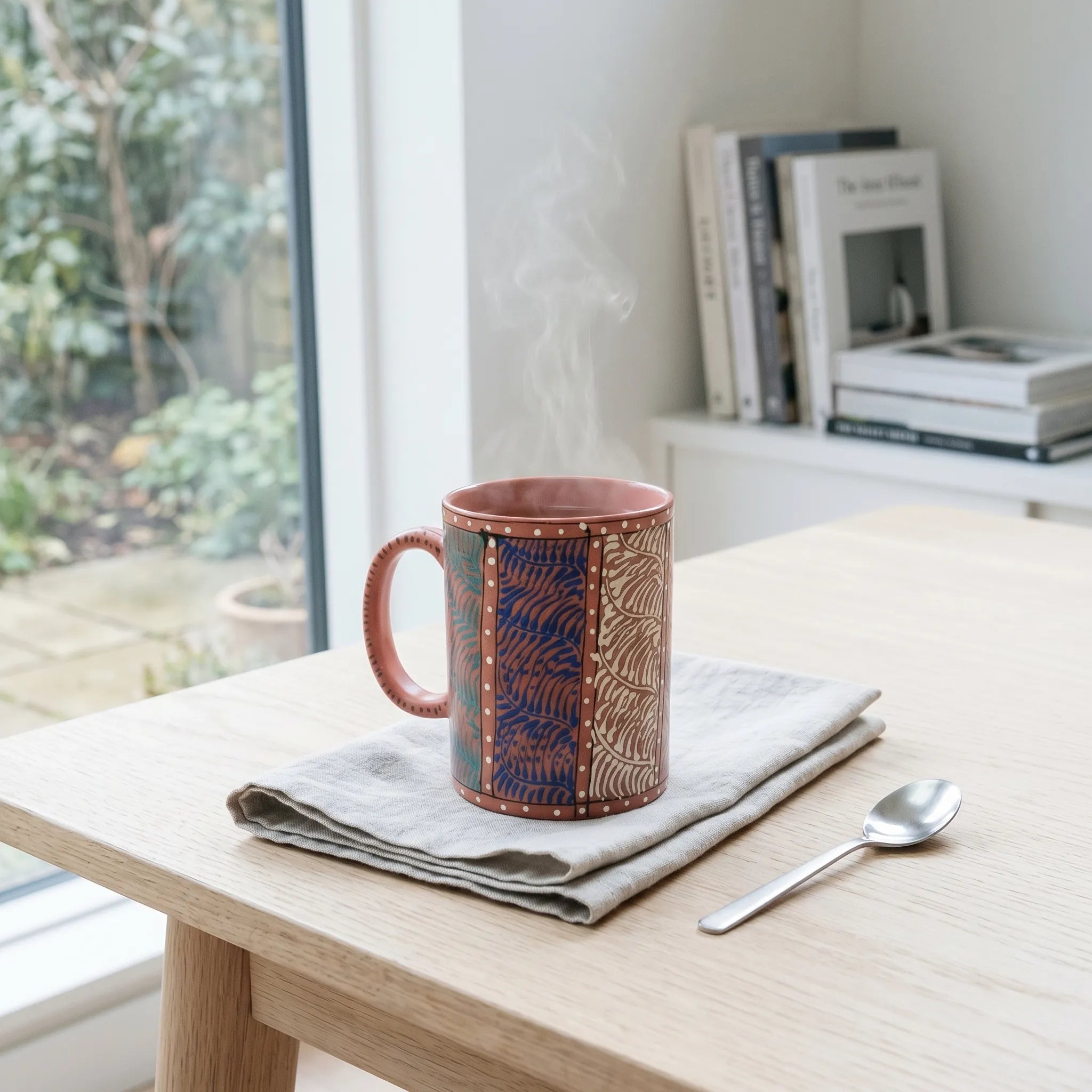 Swati Art Hand-Painted Ceramic Mug – 300ml Warm Terracotta Panel Design Tea & Coffee Mug