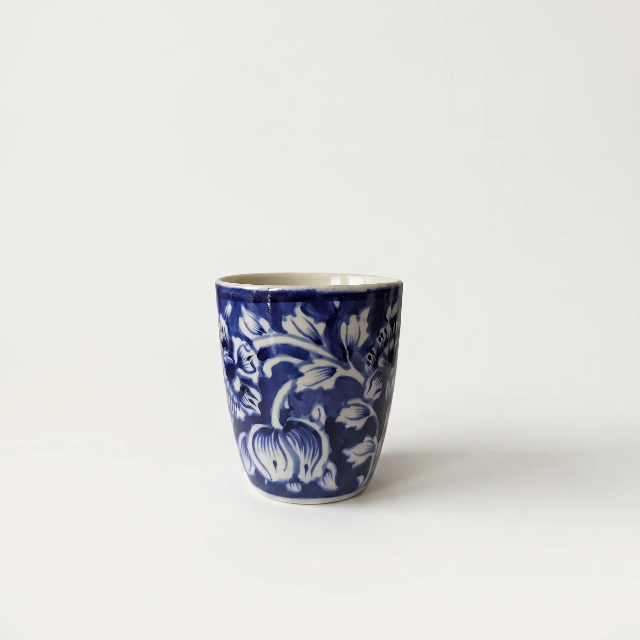 300 ml Blue Pottery Glass - Hand Painted Floral Ceramic