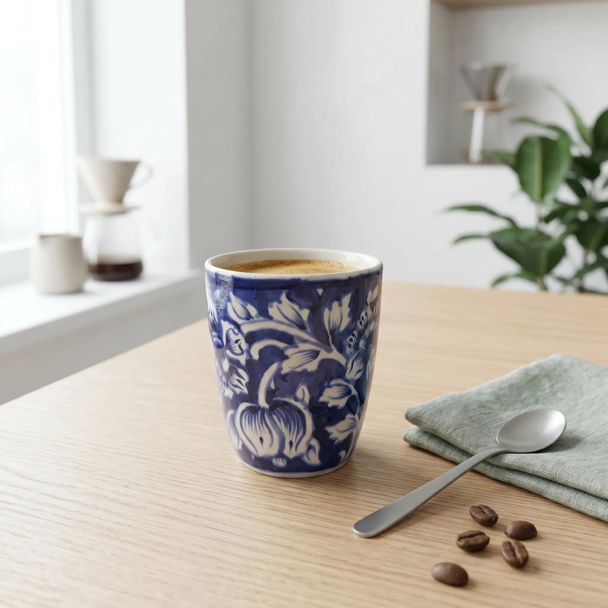 300 ml Blue Pottery Glass - Hand Painted Floral Ceramic