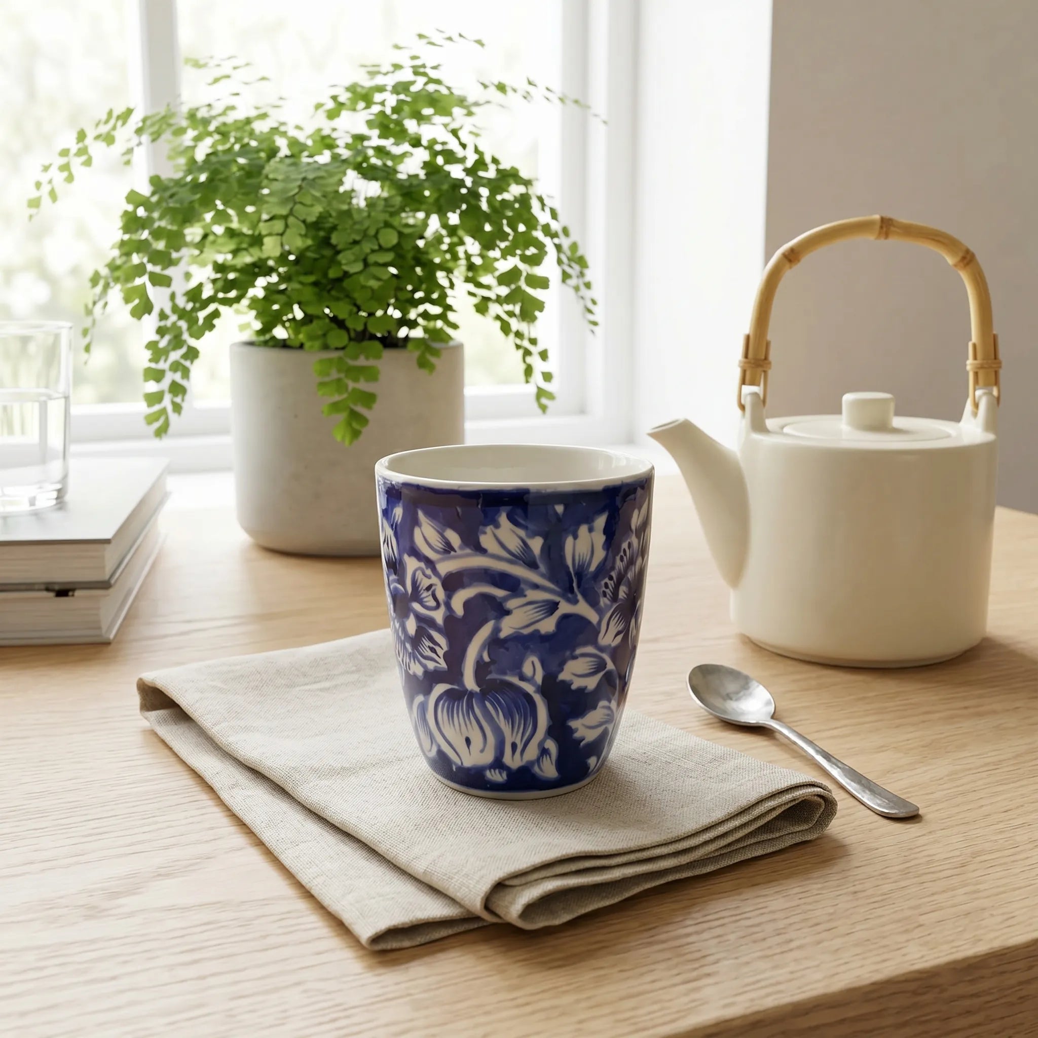 300 ml Blue Pottery Glass - Hand Painted Floral Ceramic